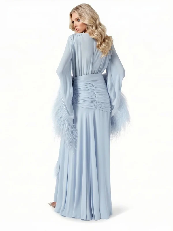 Elegant V-Neck Feather Cuff Flowing Chiffon Maxi Dress - Image 2