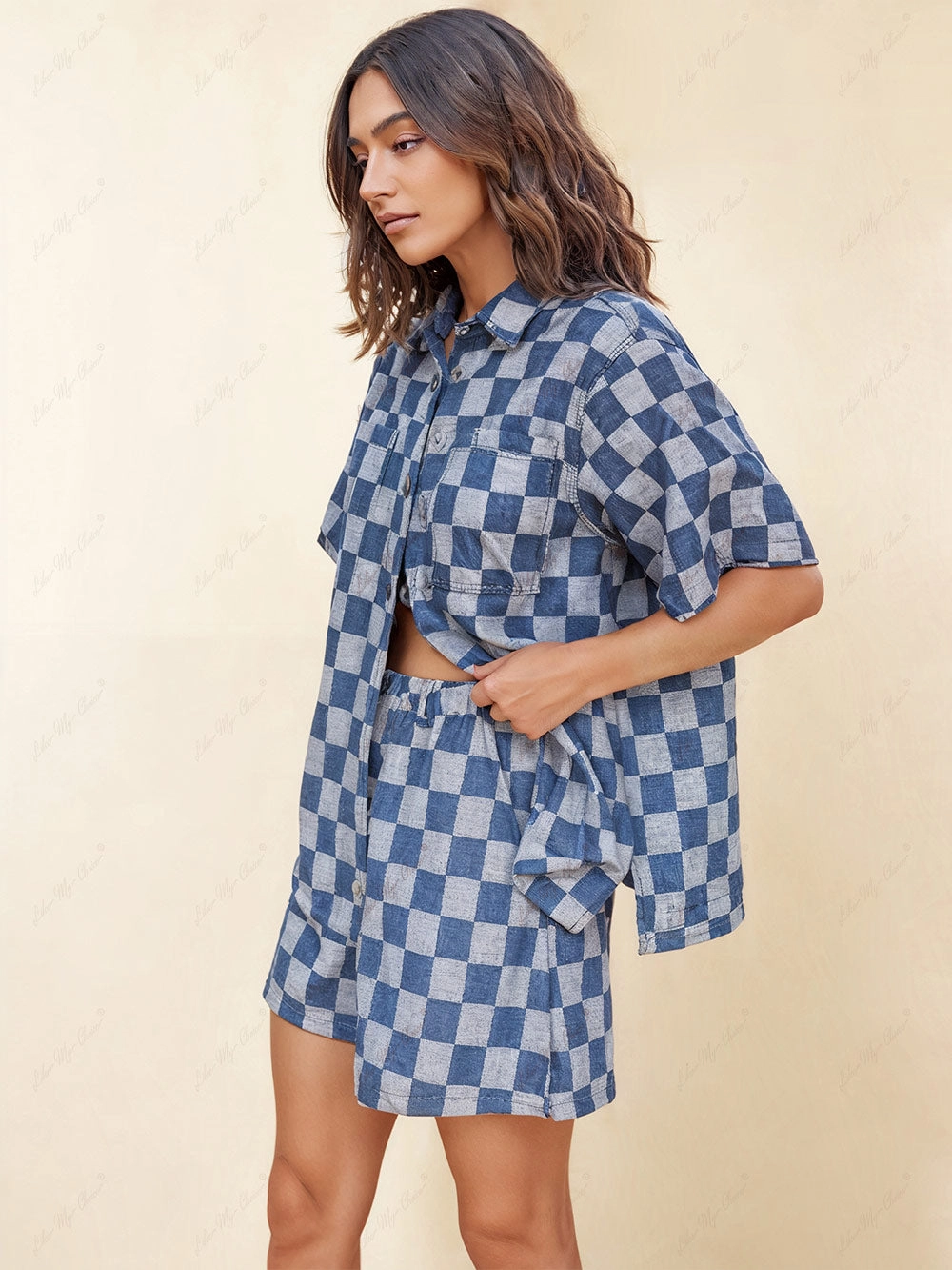 Loose Check Print Denim Shirt - Image 3
