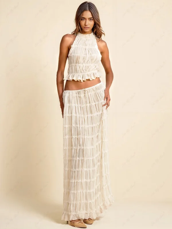 Charm Pleated Drawstring Waist Tiered Maxi Skirt - Image 3
