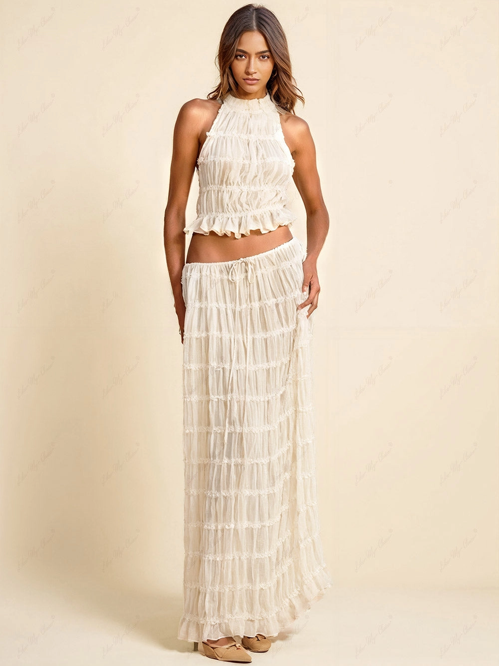Charm Pleated Drawstring Waist Tiered Maxi Skirt - Image 3