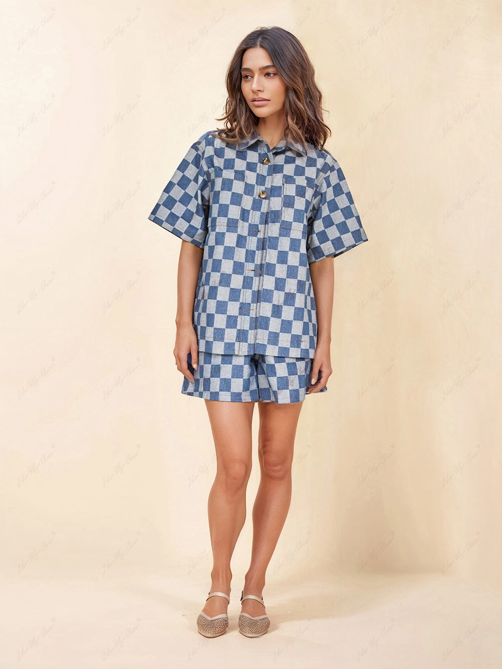 Loose Check Print Denim Shirt - Image 1
