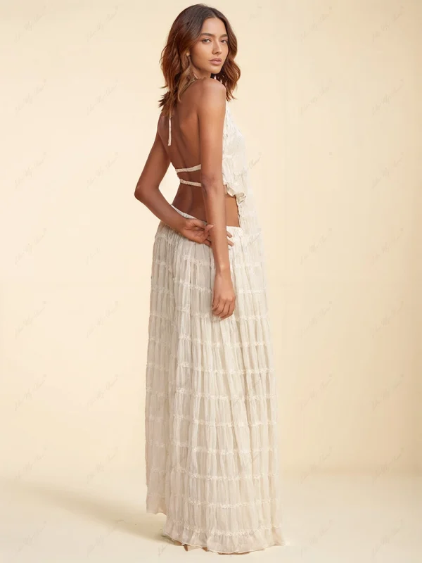 Charm Pleated Drawstring Waist Tiered Maxi Skirt - Image 2
