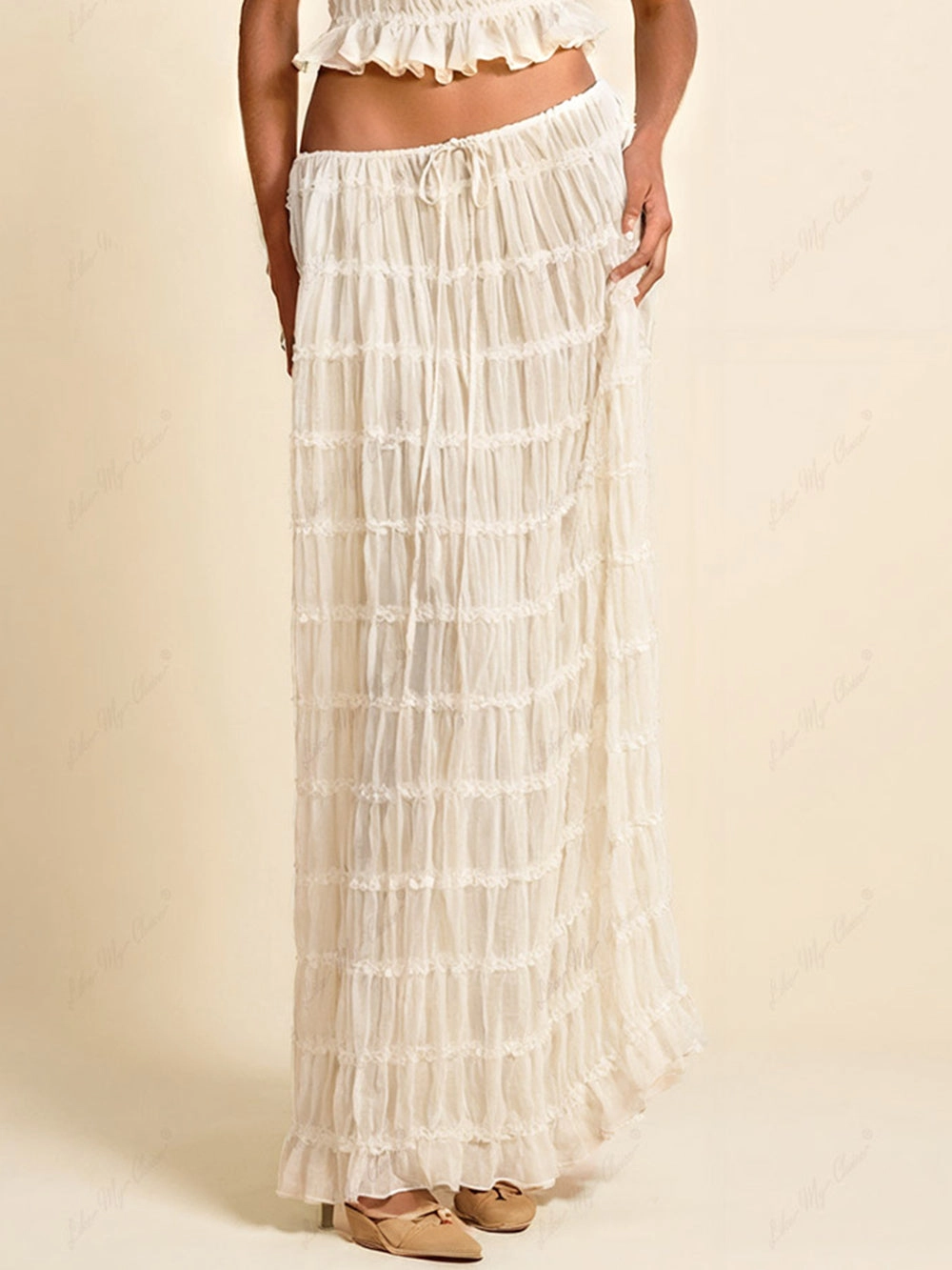 Charm Pleated Drawstring Waist Tiered Maxi Skirt - Image 1