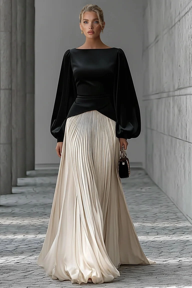 Chic Minimalist Velvet Paneled Pleated-Hem Maxi Dress - Image 1