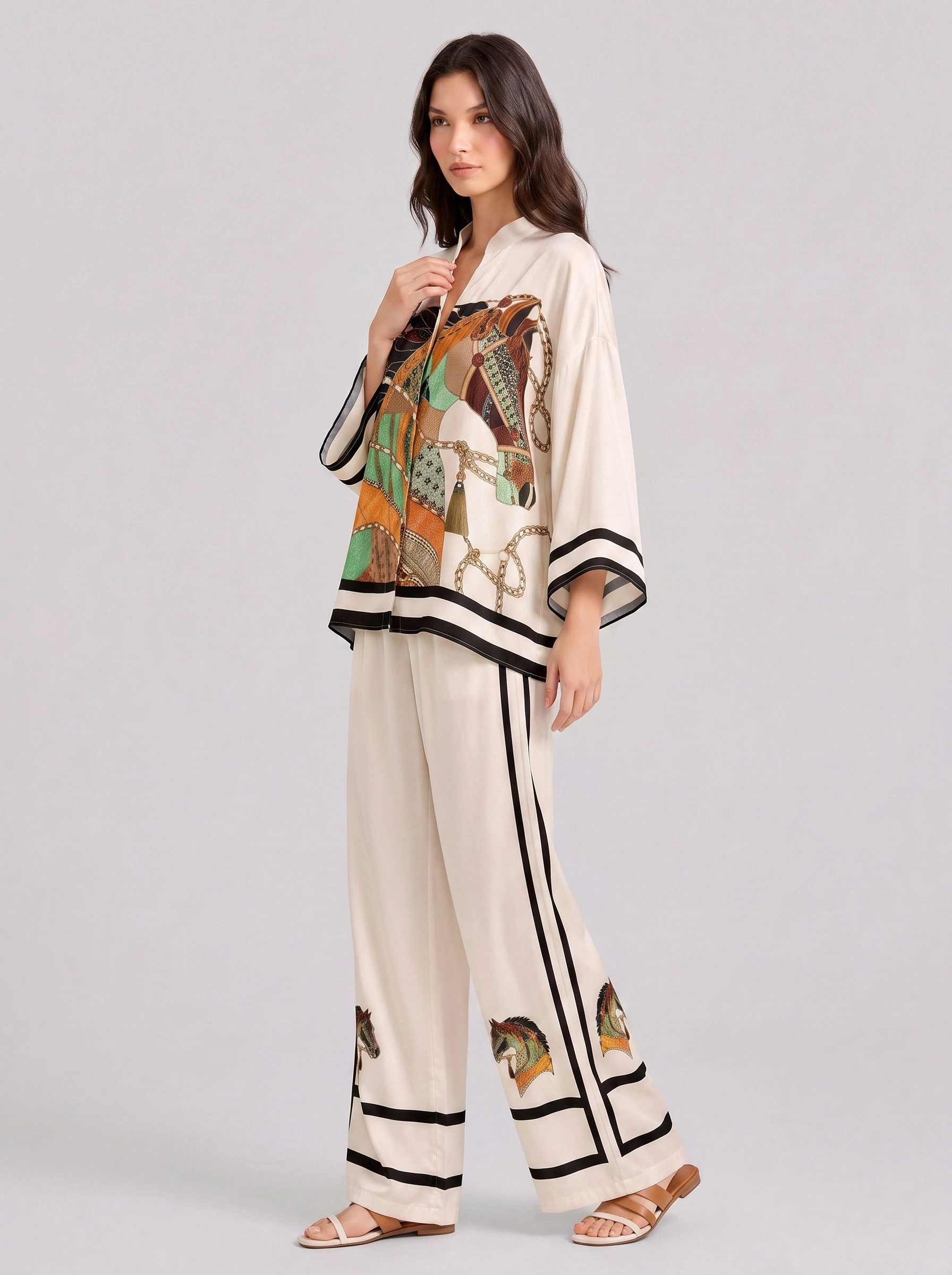 V-Neck Horse Pattern Satin Suit Pants Two-Piece Set - Image 2