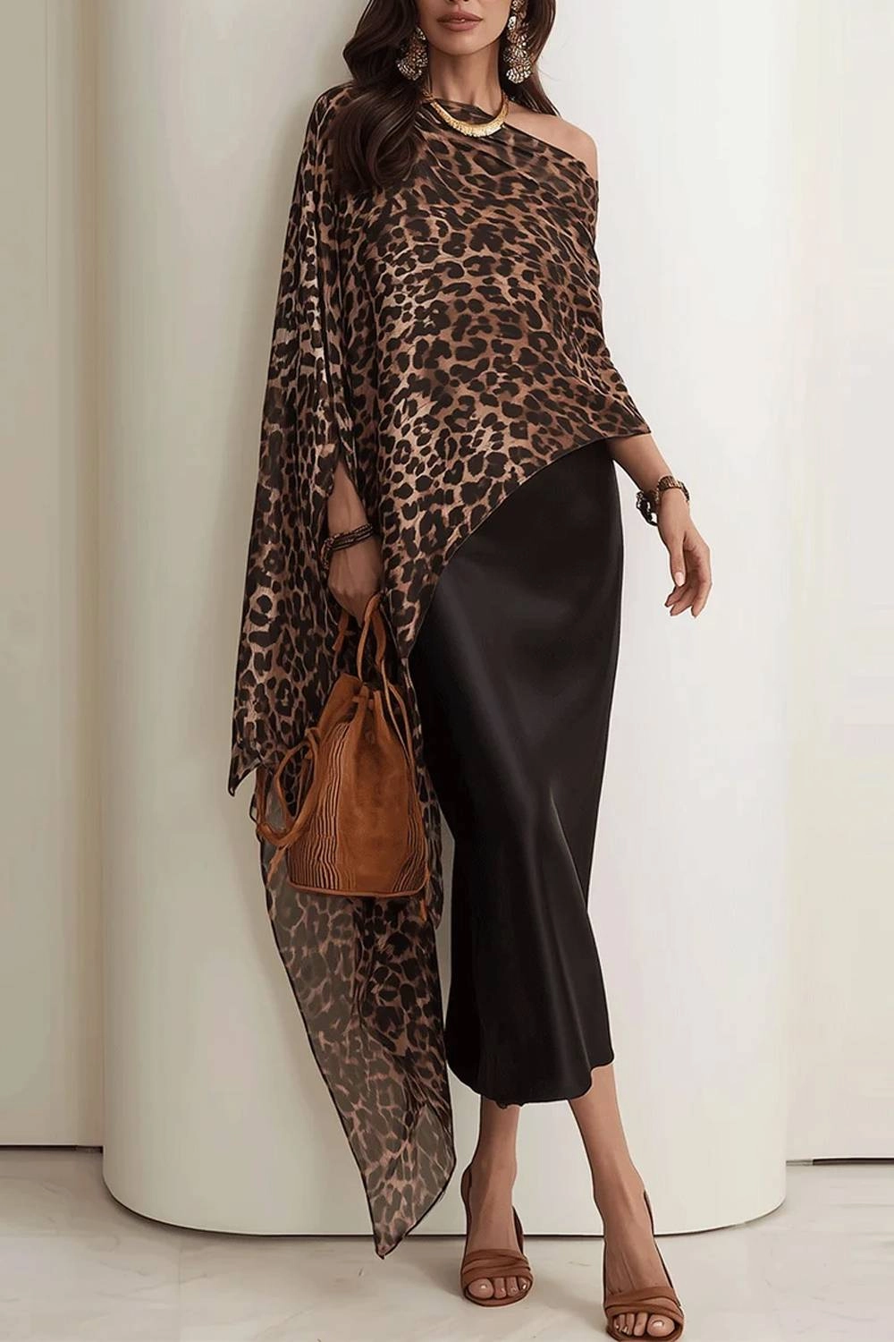 Leopard-Print Draping Poncho Satin Dress Set - Image 1