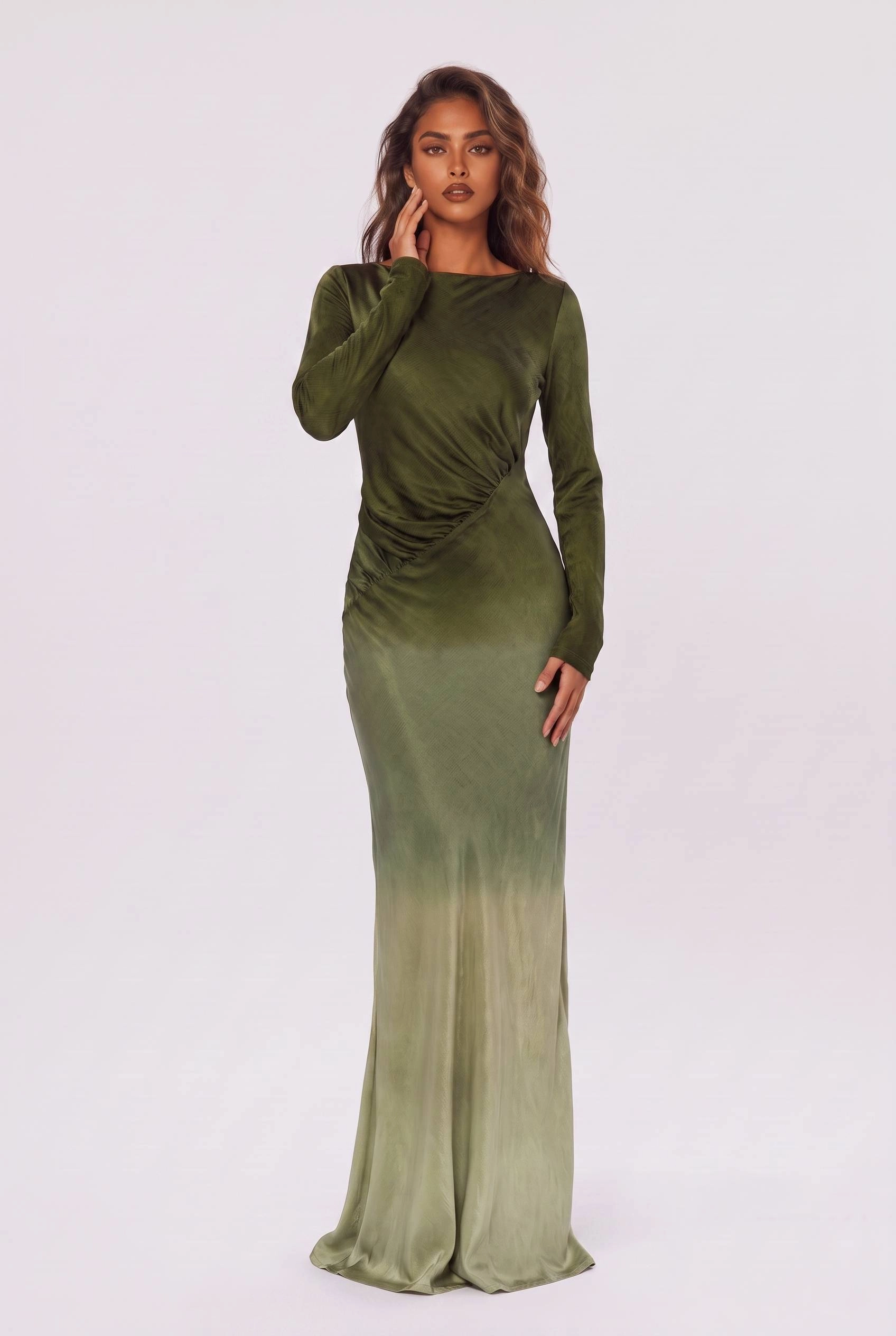 Gradient Olive Green Satin Boat Neck Long Sleeve Side Pleat Slit Slim-Fit Long Dress - Image 1