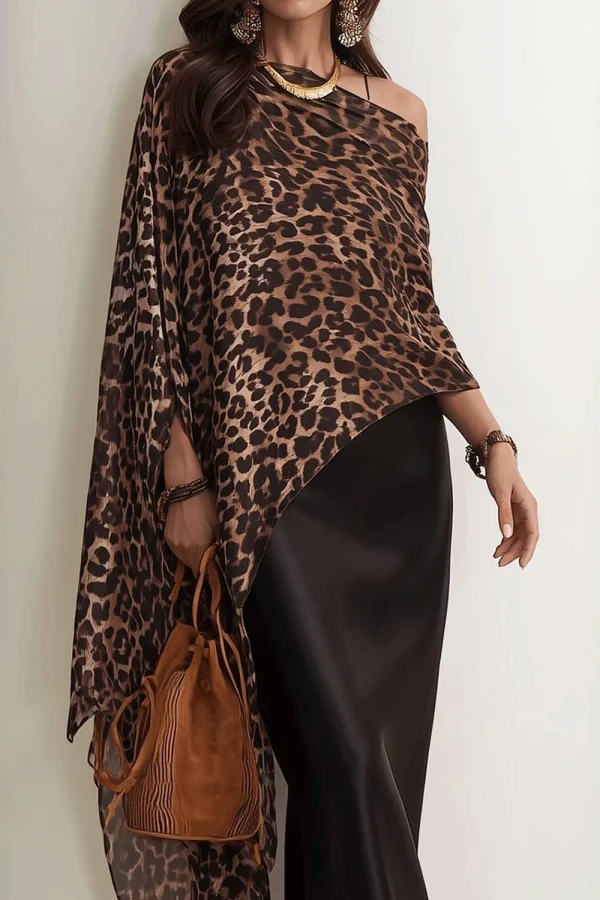 Leopard-Print Draping Poncho Satin Dress Set - Image 4