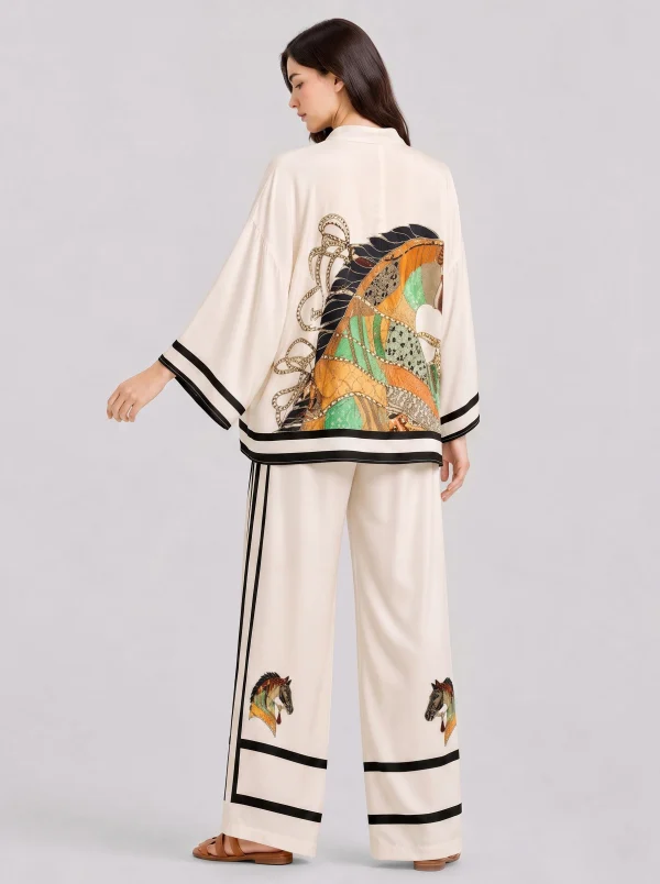 V-Neck Horse Pattern Satin Suit Pants Two-Piece Set - Image 4