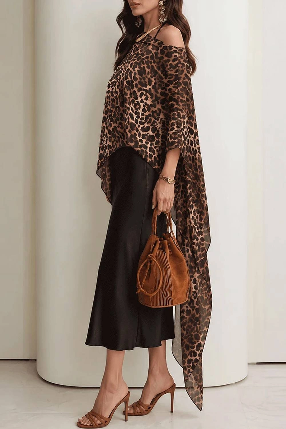 Leopard-Print Draping Poncho Satin Dress Set - Image 2
