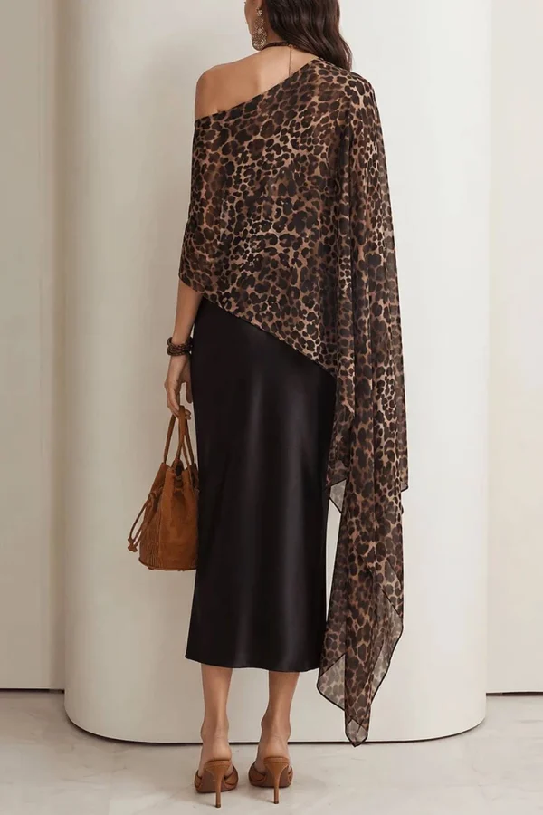 Leopard-Print Draping Poncho Satin Dress Set - Image 3