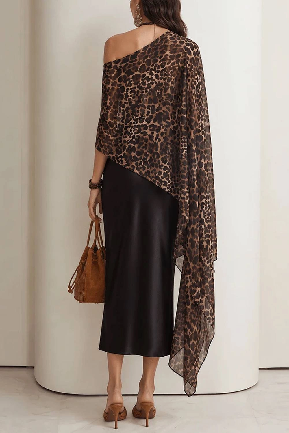 Leopard-Print Draping Poncho Satin Dress Set - Image 3