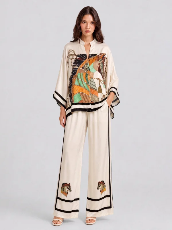 V-Neck Horse Pattern Satin Suit Pants Two-Piece Set