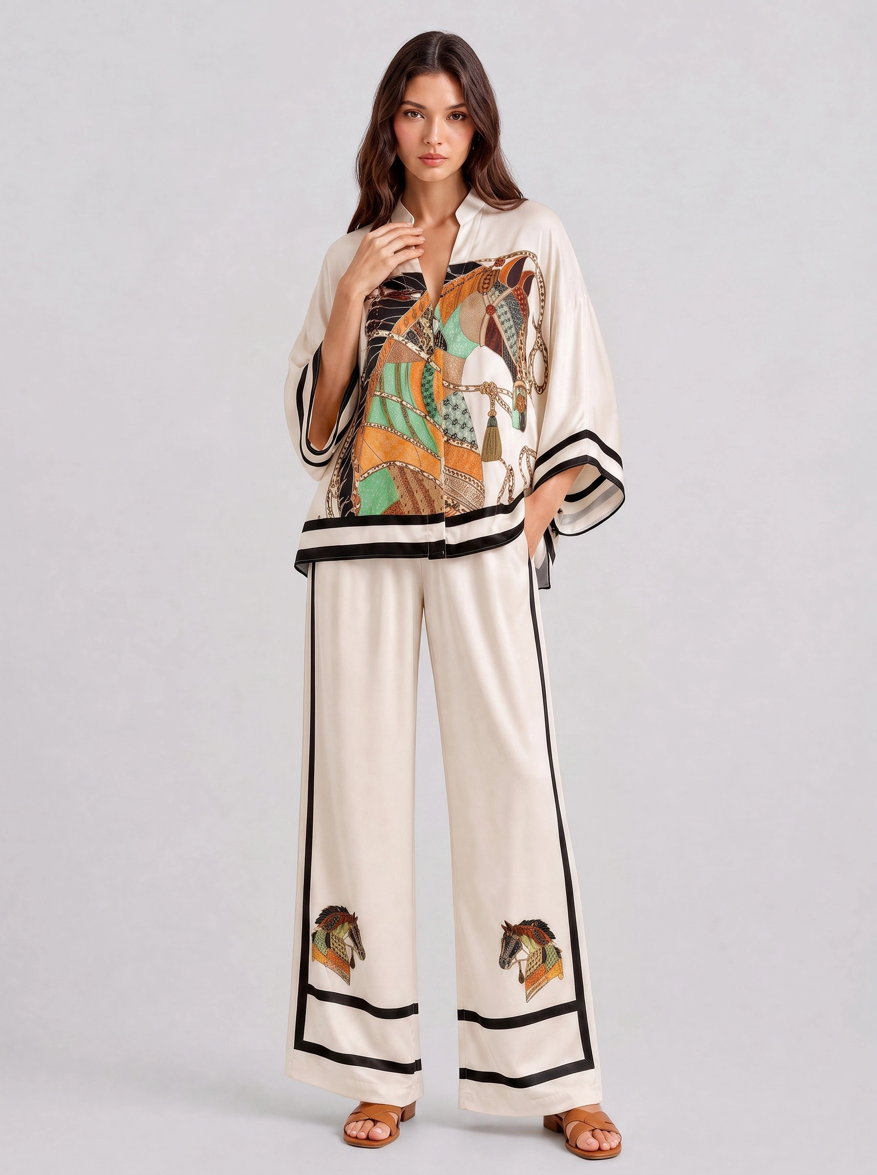V-Neck Horse Pattern Satin Suit Pants Two-Piece Set - Image 3