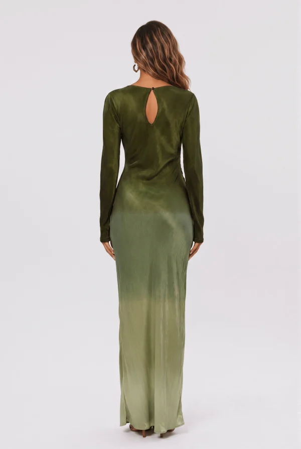 Gradient Olive Green Satin Boat Neck Long Sleeve Side Pleat Slit Slim-Fit Long Dress - Image 4