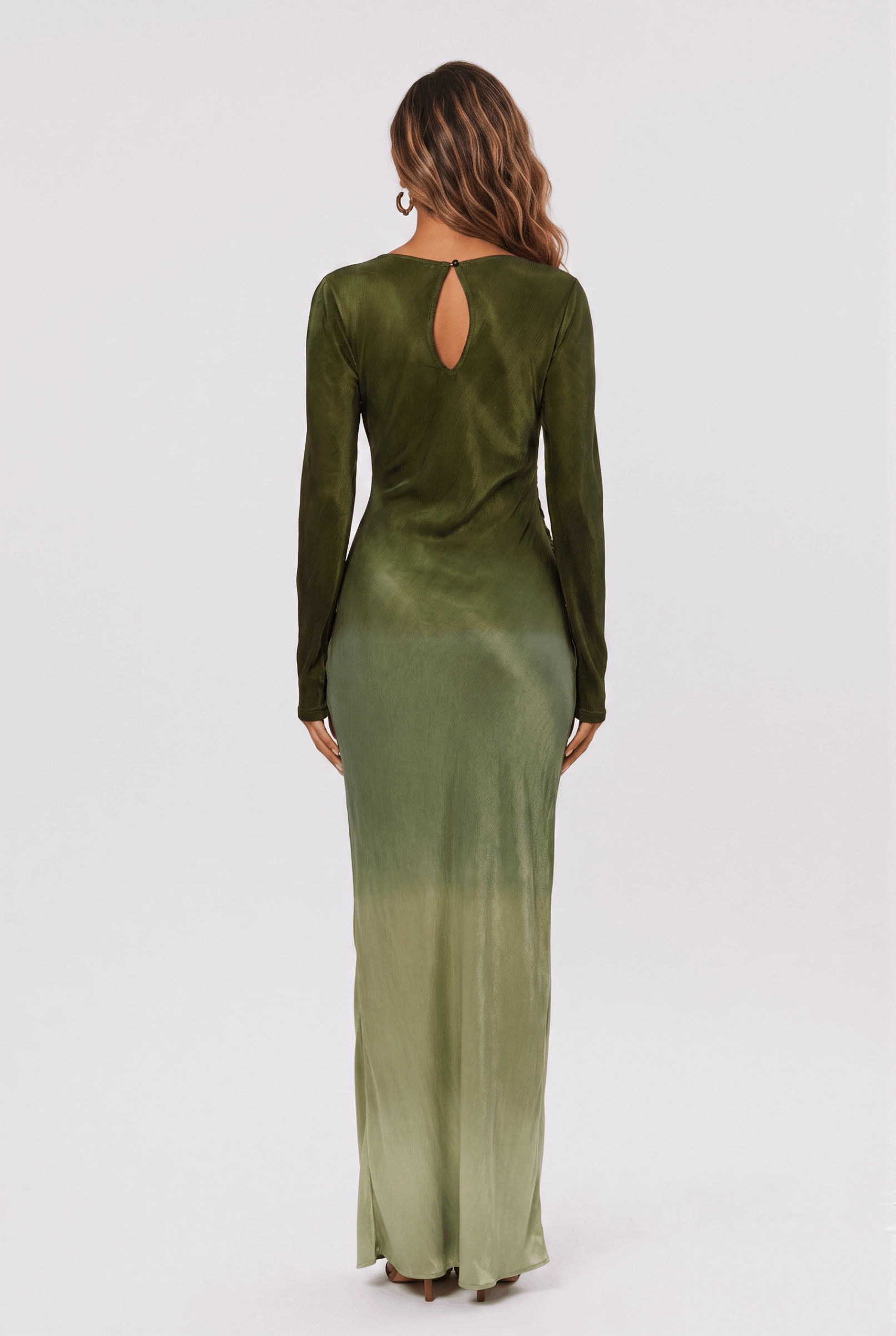 Gradient Olive Green Satin Boat Neck Long Sleeve Side Pleat Slit Slim-Fit Long Dress - Image 2