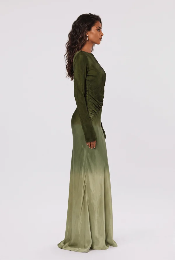 Gradient Olive Green Satin Boat Neck Long Sleeve Side Pleat Slit Slim-Fit Long Dress - Image 3