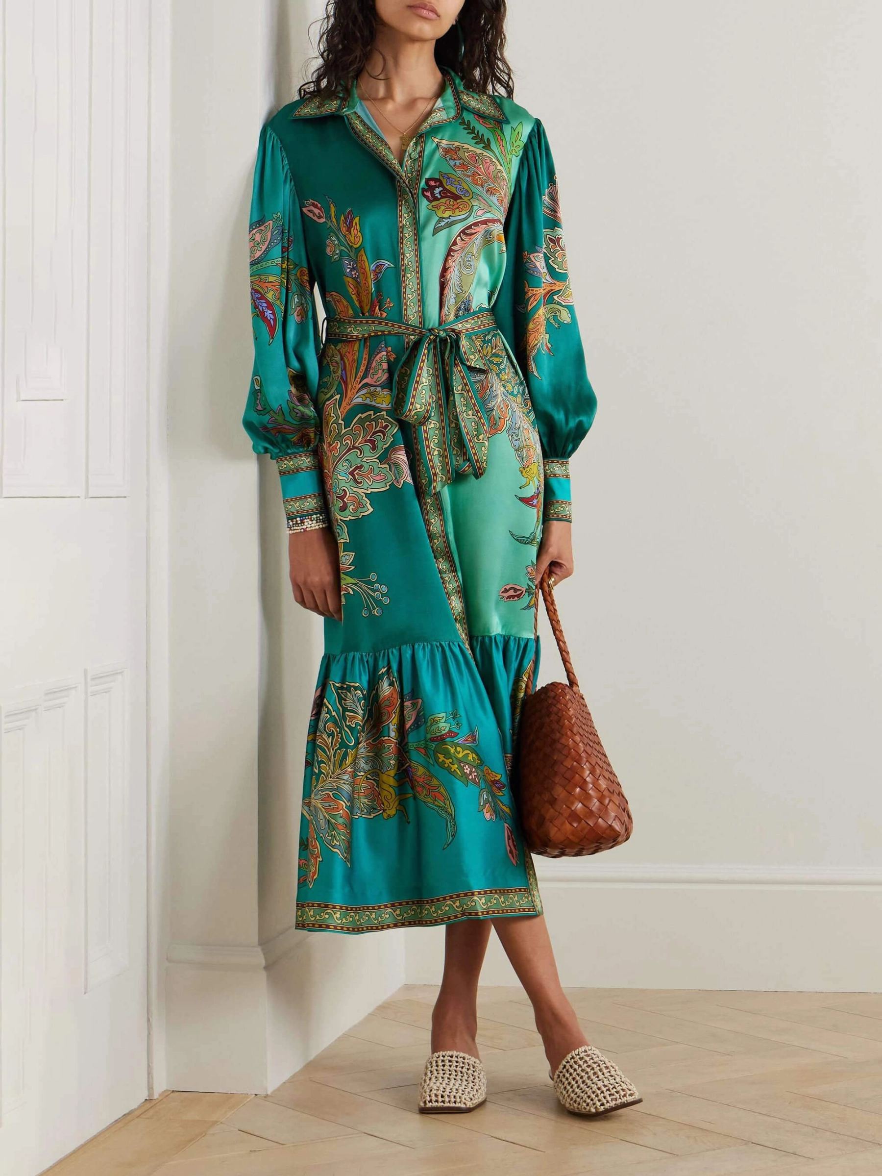 Delicate Satin Floral Print Single Breasted Midi Dress - Image 1